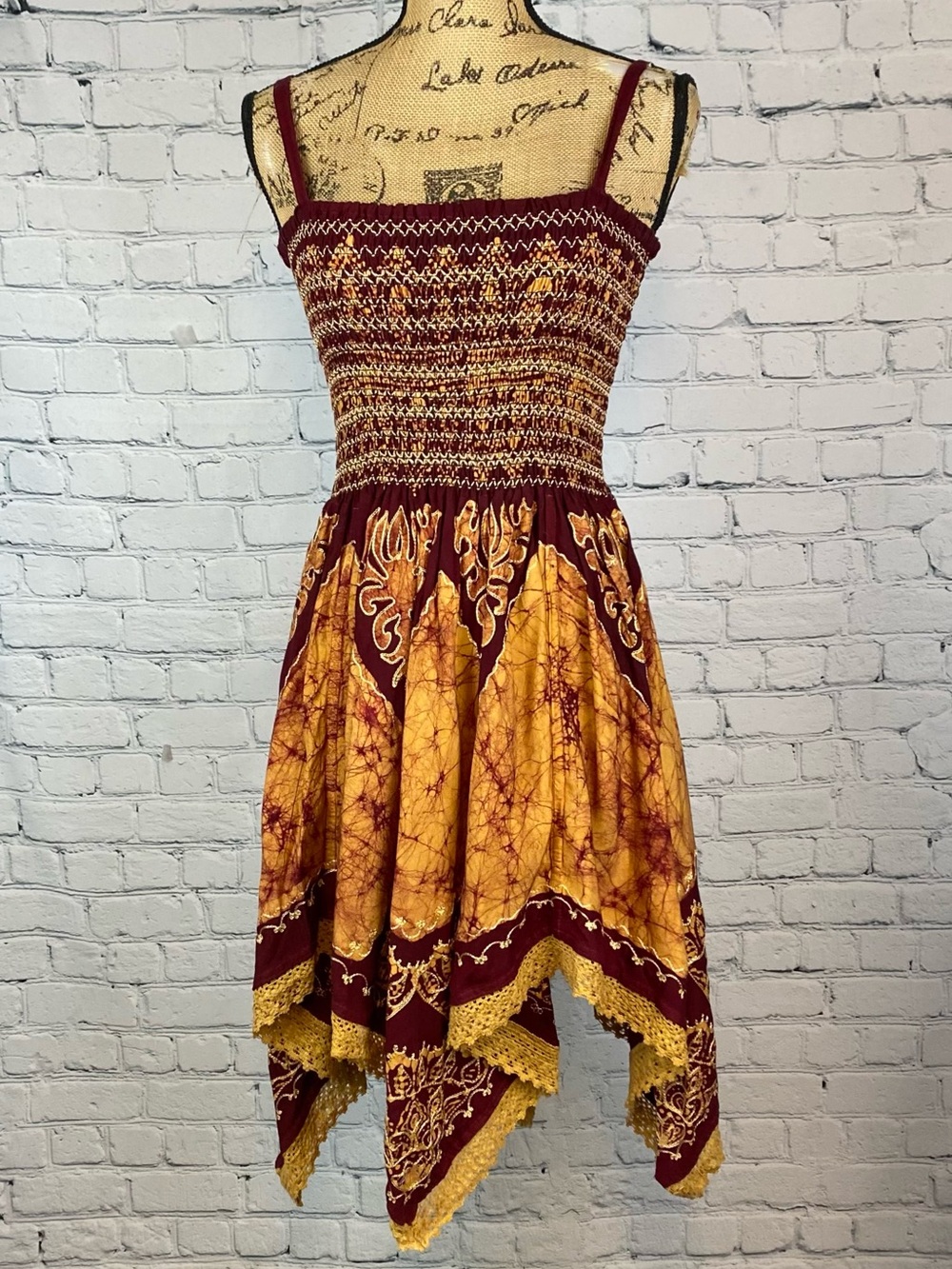 Lorance Boho Batik Maroon/Gold Asymetrical Hem Dress